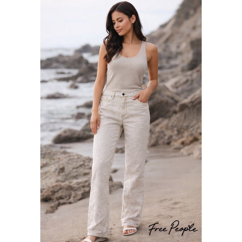 Free People Pants Women's 29 Cream Textured Stretch Skinny Boho Jeans